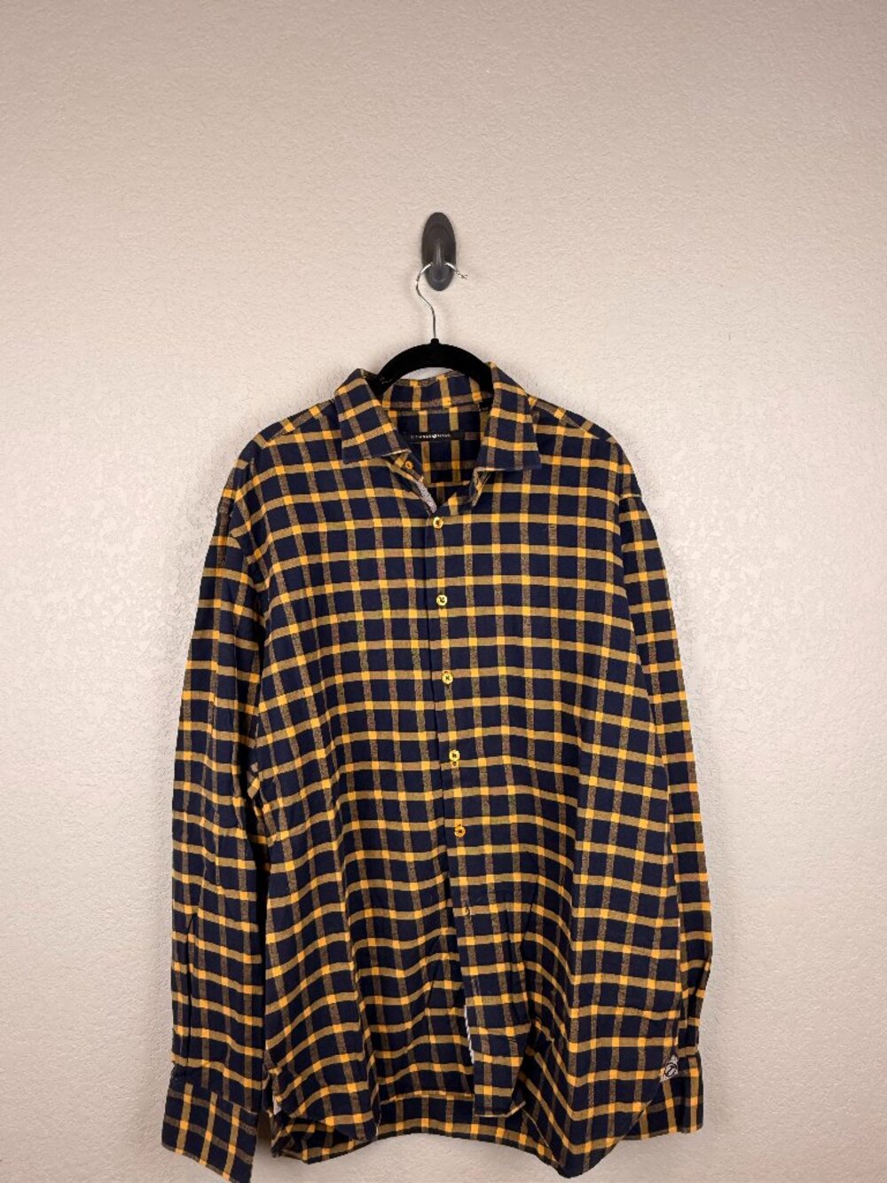 Hammer Made Men's Navy Yellow Plaid Flannel Button-Up Shirt 43/17